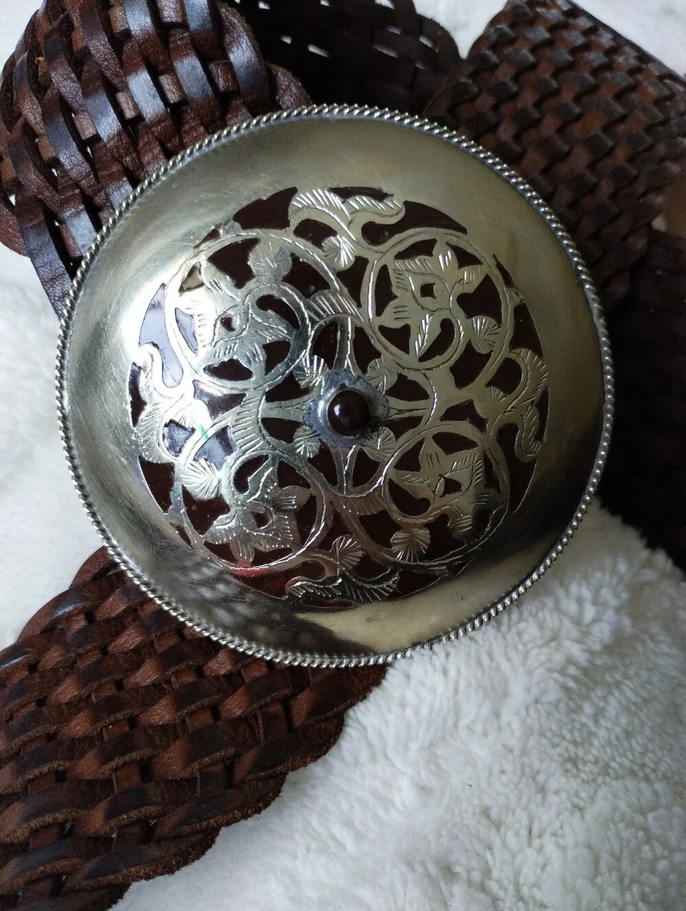 Woven Brown Leather Belt with Silver Tone Buckle S/M